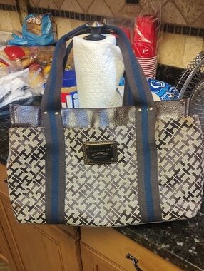 Tommy Hilfiger Brown and Navy Patterned Tote with Blue Stripe Handles